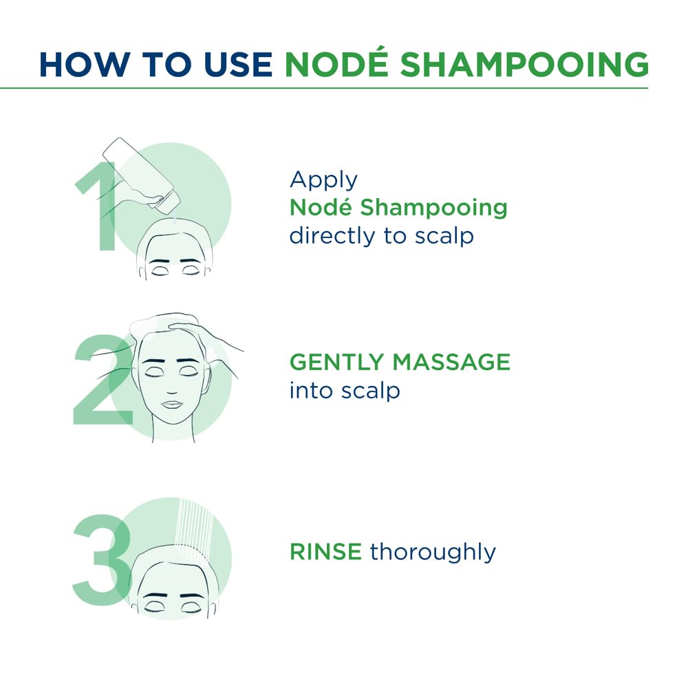 Instructions on how to use Nodé shampooing with step-by-step illustrations.
