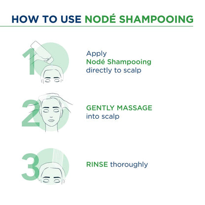 Instructions on how to use Nodé shampooing with step-by-step illustrations.
