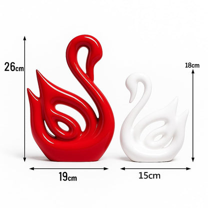 Xtore Lucky Swan Couple Piano Finish Ceramic Figures for Home Decor (Set of 2 Pc, Large, White & Red)
