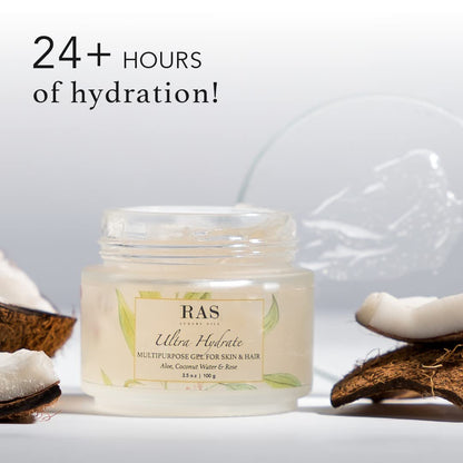 RAS Luxury Oils Ultra Hydrate Multipurpose Gel for Skin & Hair | Made with Hyaluronic Acid, Hibiscus, Aloe Vera and Rose | Provides Hydration & Calms Skin | Vegan & Cruelty Free, 100 gm