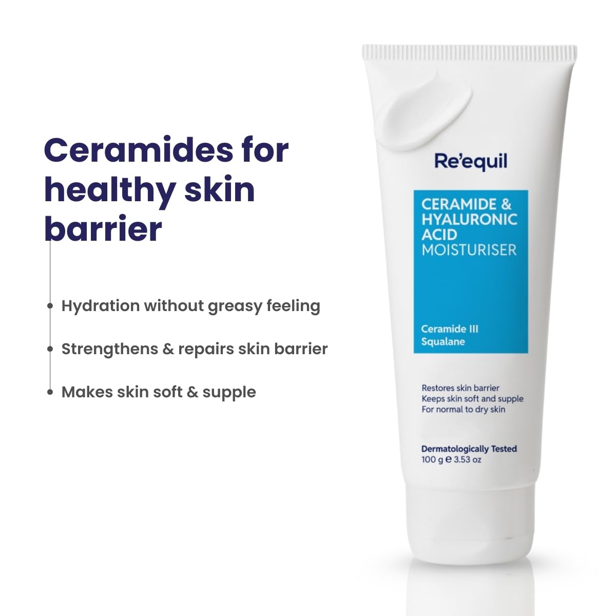 Tube of Re'equil Ceramide & Hyaluronic Acid Moisturizer with product details on a white background