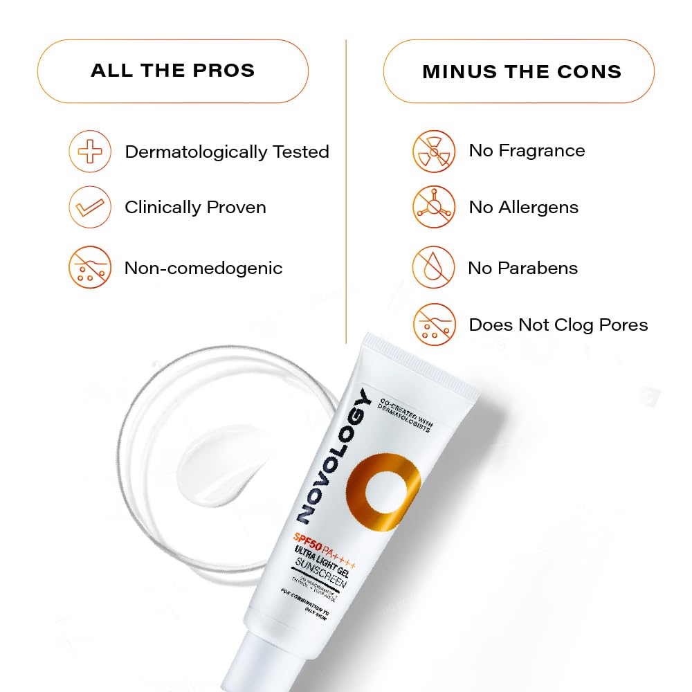 Novology sunscreen tube with benefits listed on a white background