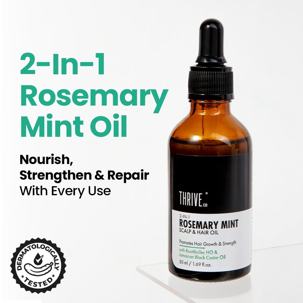 Bottle of 2-In-1 Rosemary Mint Oil with text on a white background