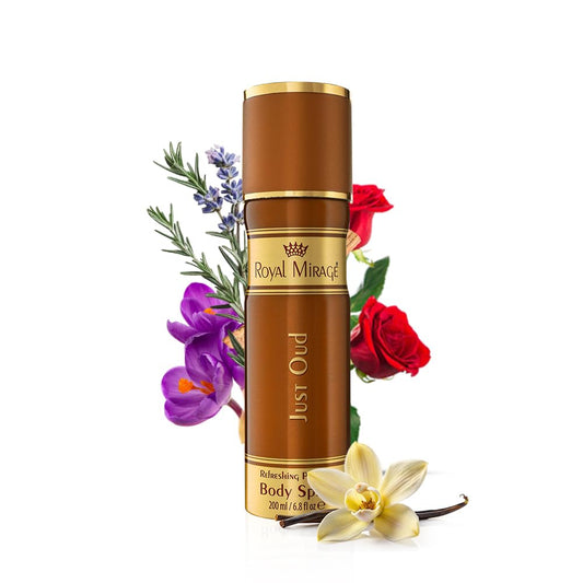 Brown bottle of Royal Mirage body spray with flowers on a white background