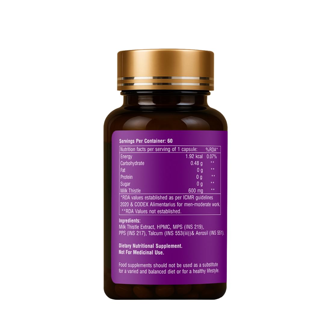Supplement bottle with gold cap and purple label on a white background