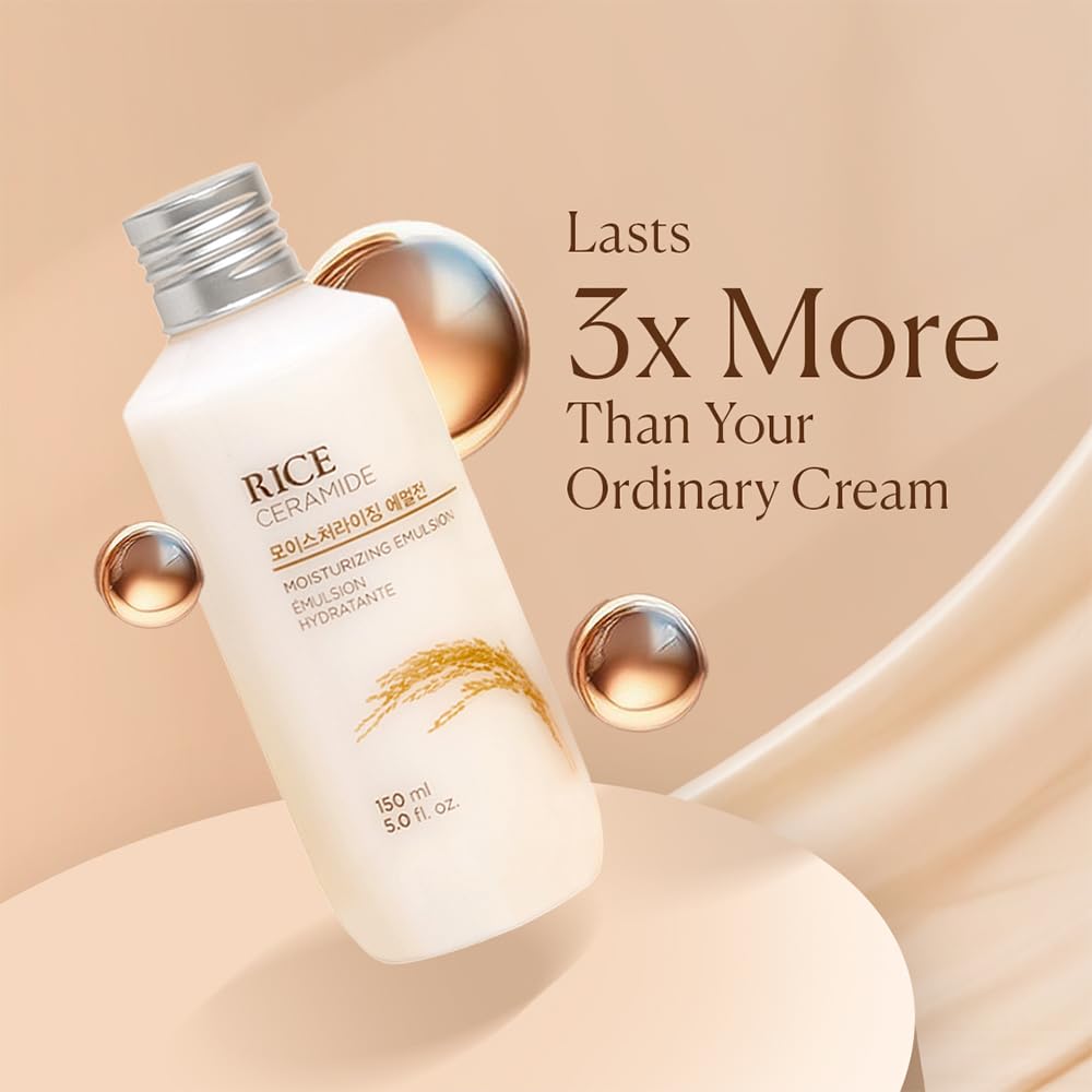 White bottle of Rice Ceramide cream with gold accents on a beige background