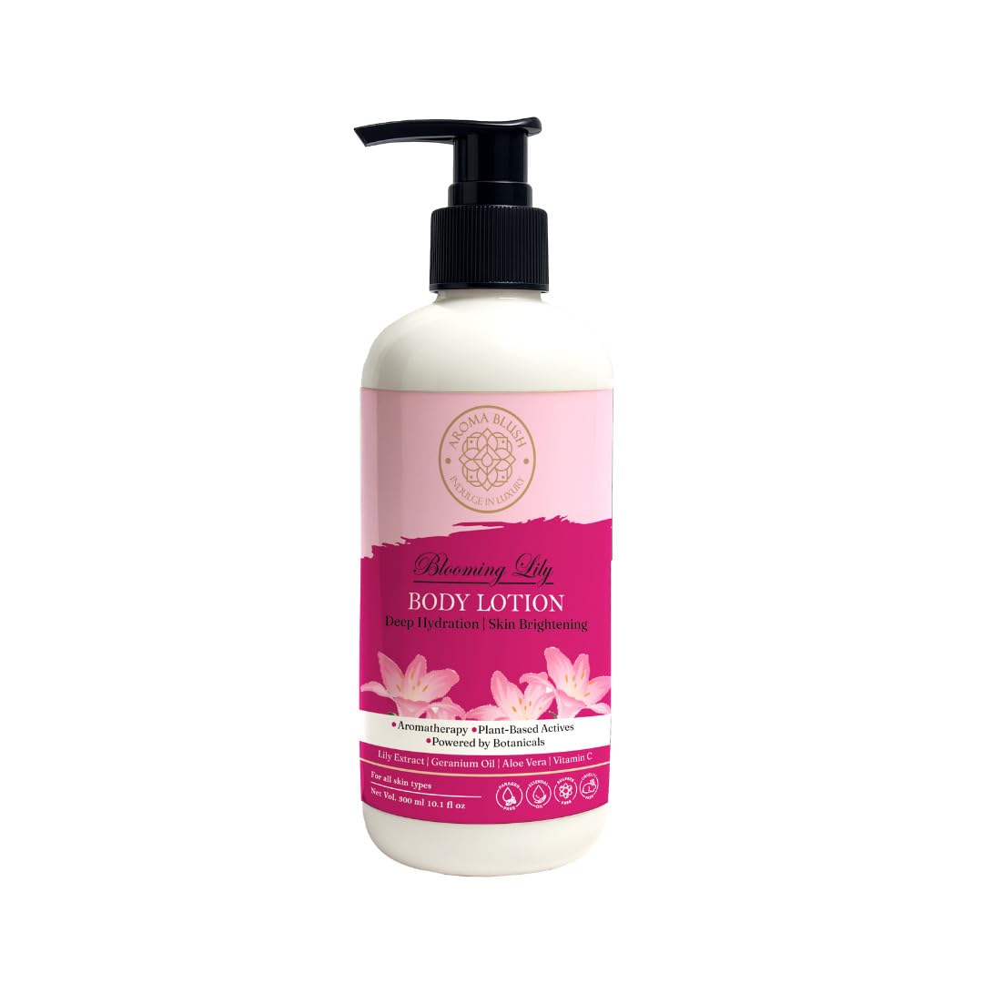 Body lotion bottle with pink label on a white background