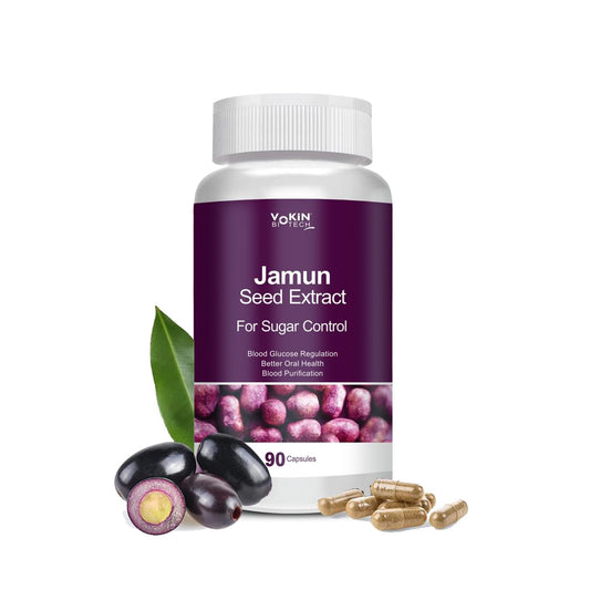 Bottle of Jamun Seed Extract capsules with packaging and jamun fruits on a white background