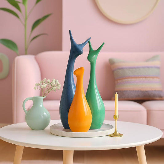 Beautiful Home Decor Lucky Deer Statue Family Ceramic Statues - (Set of 3, Yellow Green & Blue)