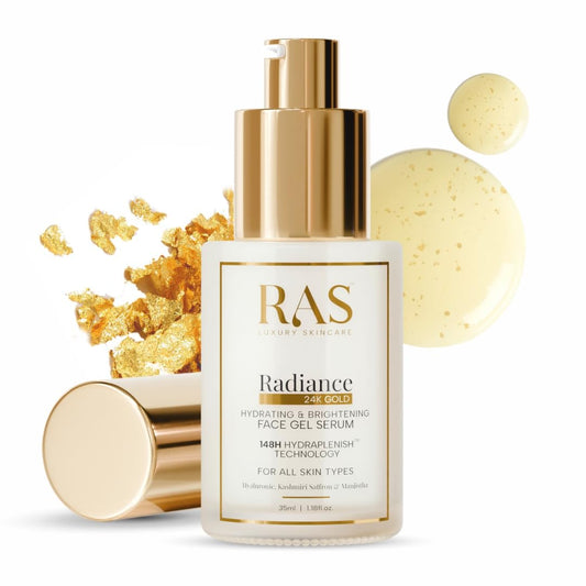 RAS Luxury Oils Radiance 24K Gold Brightening 8 in 1 Face Gel Serum Hydrates Skin, Reduce Pigmentation, With 148 Hours of Hydration Infused with Hyaluronic Acid, Saffron, Manjistha & Rosehip