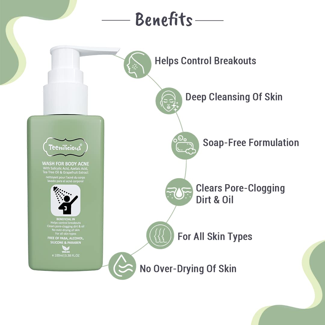 Teenilicious Body Acne Wash with 1% ww Salicylic Acid & Tea Tree Oil | Reduces Acne Breakouts, Acne Scars | Chemical & Paraben Free | for All Skin Types for Women & Men - 100ml