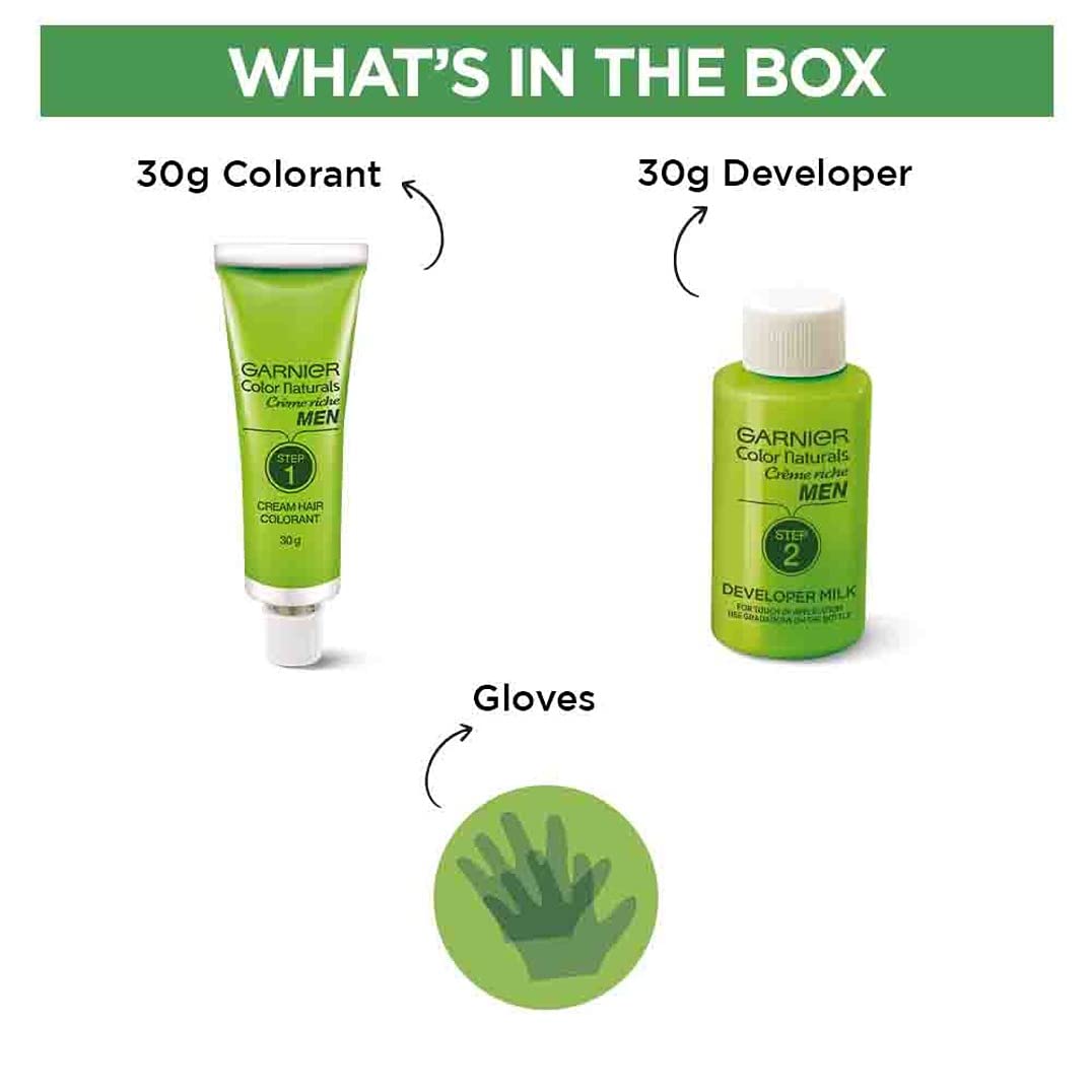 Garnier Color Naturals for Men hair color kit with colorant, developer, and gloves on a white background.