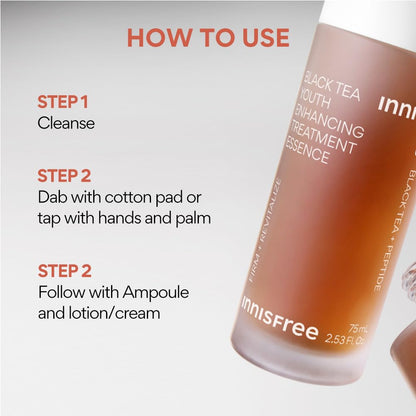 Innisfree Black Tea Youth Enhancing Treatment Essence bottle with usage instructions on a white background
