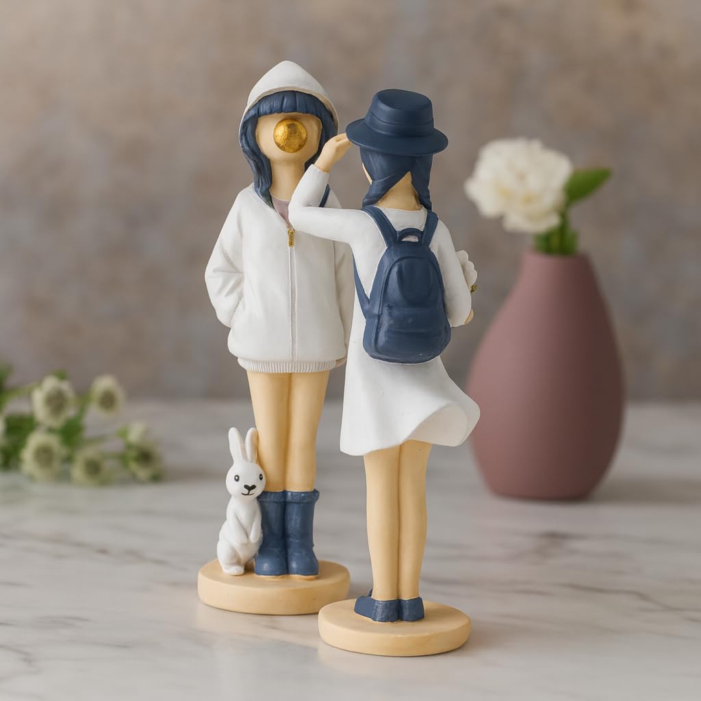 Cute Girls Statue for Home Decor | Table Decor (Pack of 2, White & Blue)
