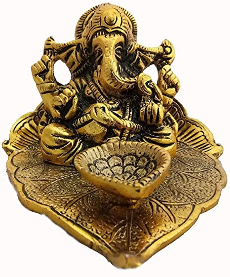 Leaf Ganesh god Idol Decorative murti with Diya Decorative Showpiece for car and Home Temple