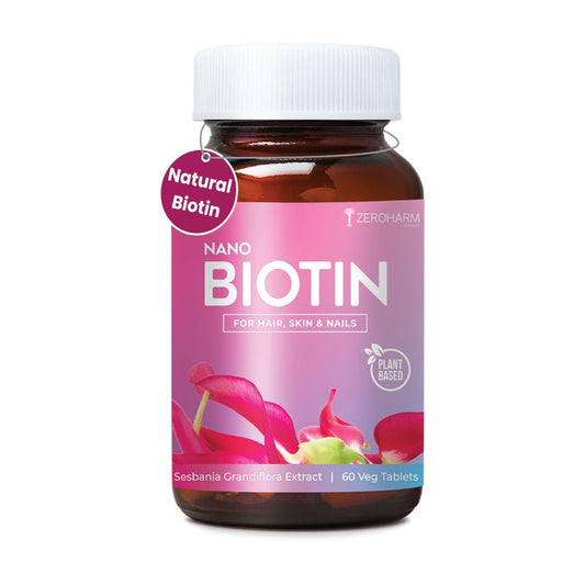ZEROHARM Biotin Tablets for Hair Growth | Vitamin B7 (Biotin) from Sesbania Grandiflora | Supports Skin Hydration & Nail Strength | For Men & Women | Nano Formulated Biotin with 30mcg | 60 Veg Tablets