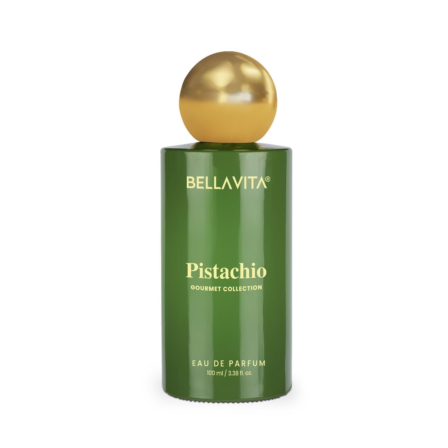 Green perfume bottle with gold cap labeled 'BellaVita Pistachio' on a white background