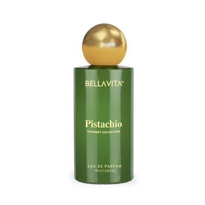 Green perfume bottle with gold cap labeled 'BellaVita Pistachio' on a white background