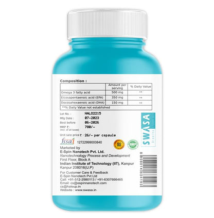 Swasa Vegan Omega 3 Capsules, 500 mg || Healthy Heart|| Brain|| Immunity ((Pack of 1))