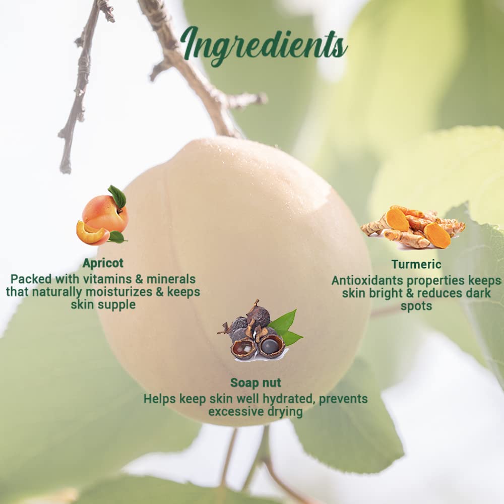 Soap bar with apricot, turmeric, and soap nut ingredients labeled on a green background.
