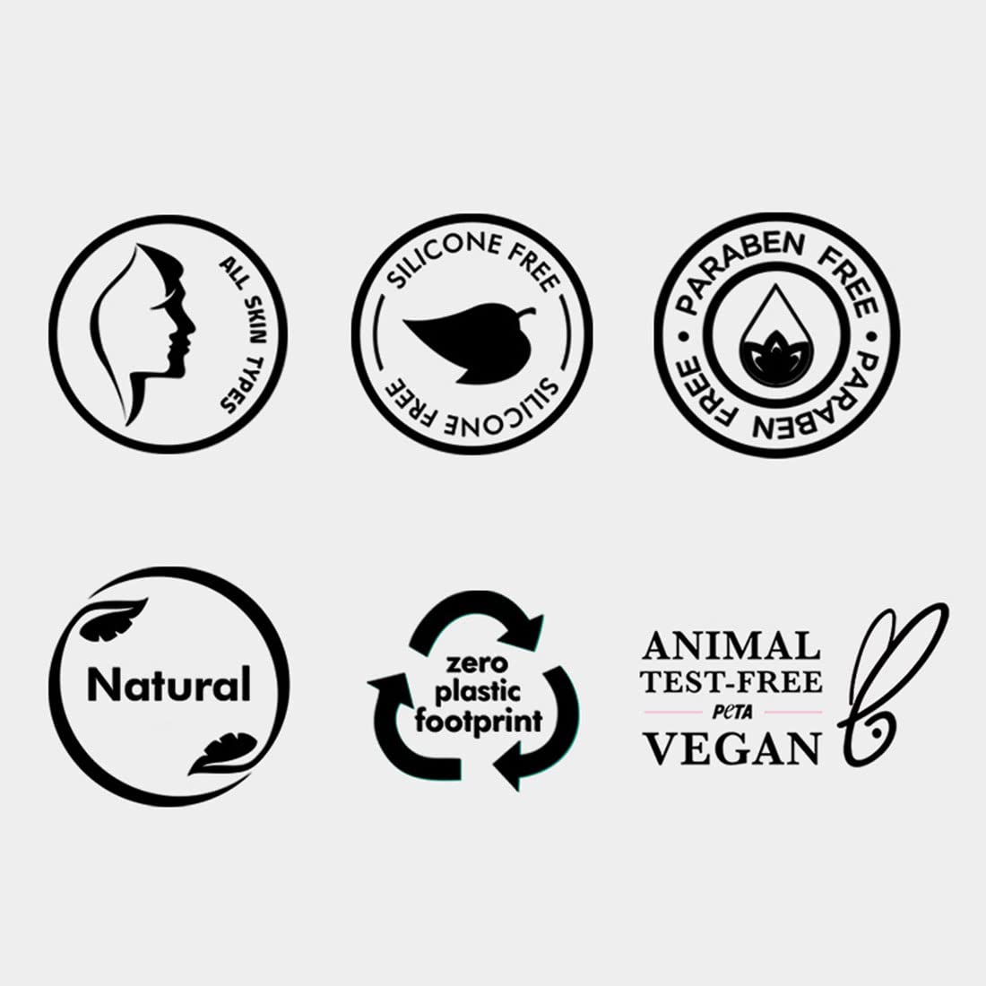 Set of black and white icons indicating product features on a light gray background