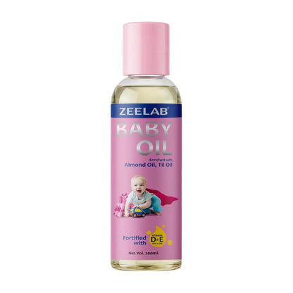 Zeelab baby oil bottle with pink cap and label on a white background