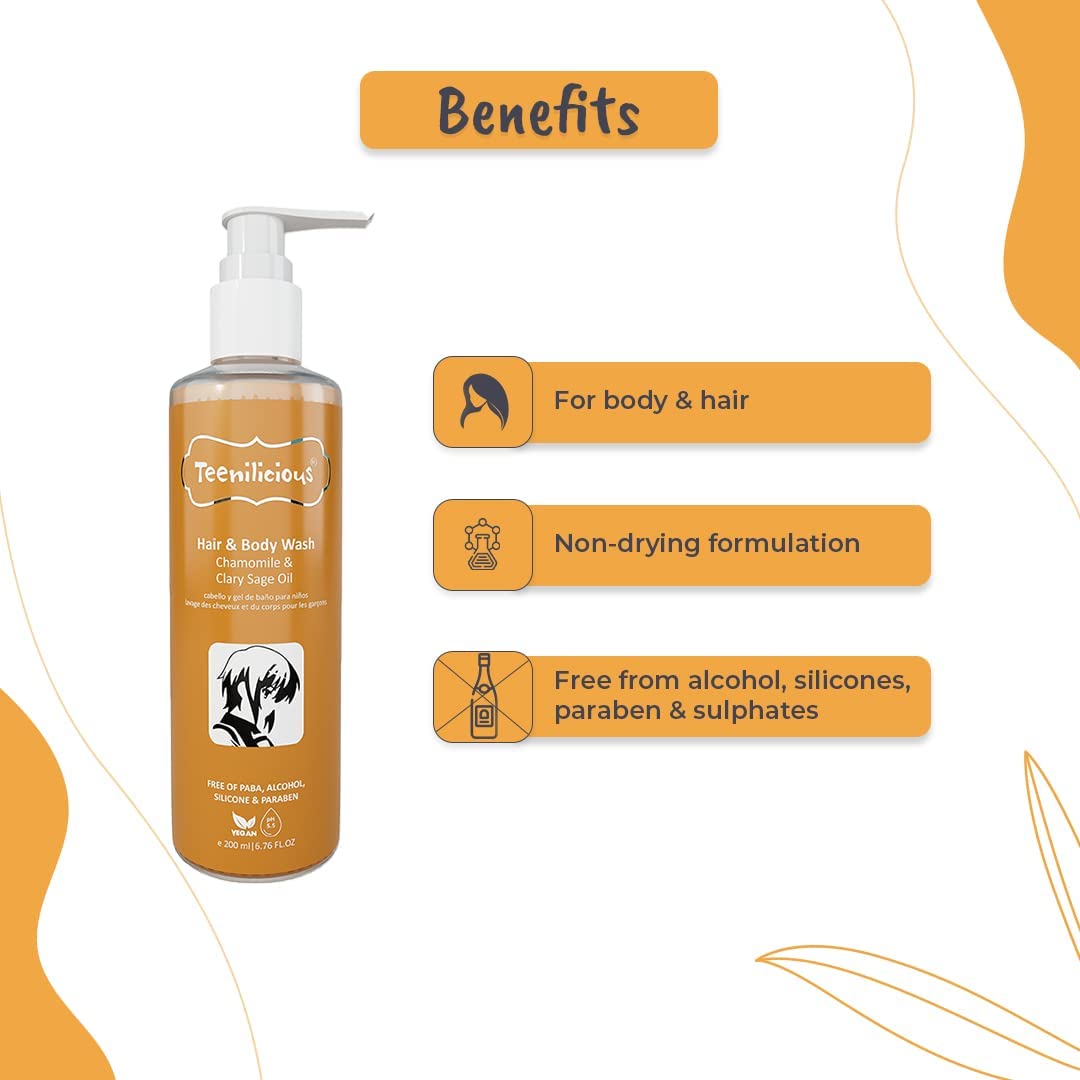 Teenilicious Hair & Body Wash With Chamomile & Clary Sage Oil | Body Wash For Men & Women | Free From Alcohol, Silicones, Paraben & Sulphates | All Skin & Hair Type - 200ml