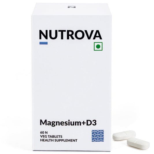 Nutrova Magnesium+D3 | With Magnesium Bisglycinate & Vitamin D3 | Supports Better Sleep, Mood, Energy & Muscle Recovery | High Absorption Formula | Gentle on Stomach | 60 Veg Tablets