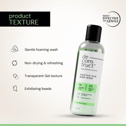 Deconstruct Salicylic Acid Body Wash bottle with product features listed on a light background