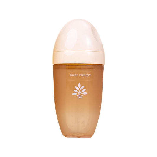 Baby bottle with beige cap and body on a white background, featuring 'Baby Forest' branding.