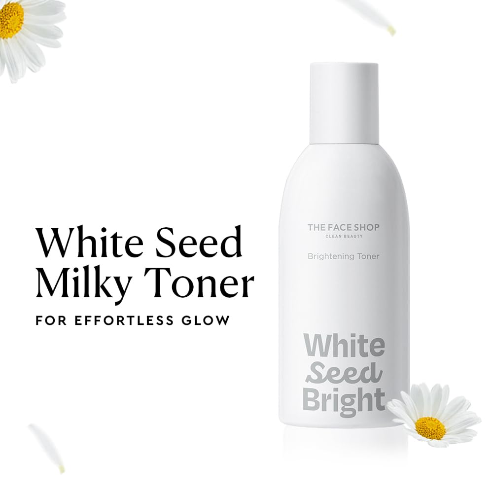 White Seed Milky Toner bottle with daisies on a white background