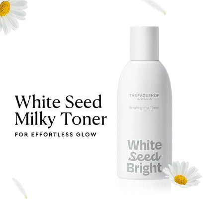 White Seed Milky Toner bottle with daisies on a white background