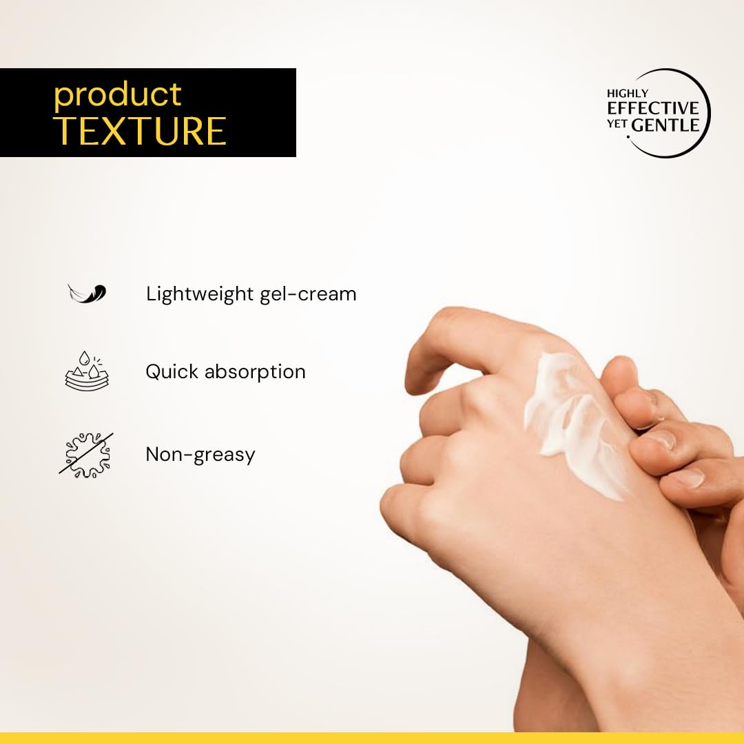 Hand applying cream with product texture features listed on a beige background