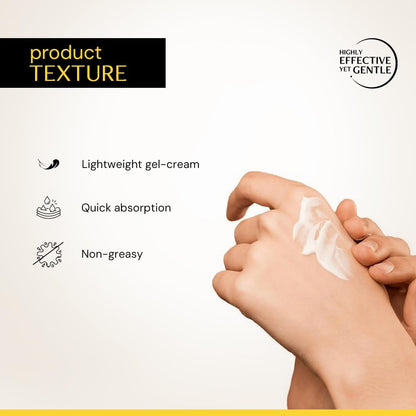 Hand applying cream with product texture features listed on a beige background