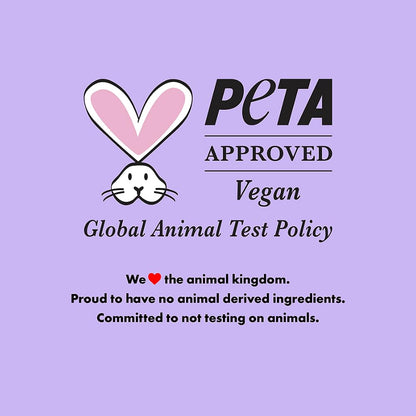 PETA approved vegan logo on a purple background with text about animal testing policies.