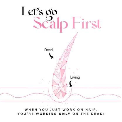 Diagram of a hair follicle with 'Dead' and 'Living' labels, text 'Let's go Scalp First' and 'When you just work on hair, you're working only on the dead!' on a white background.