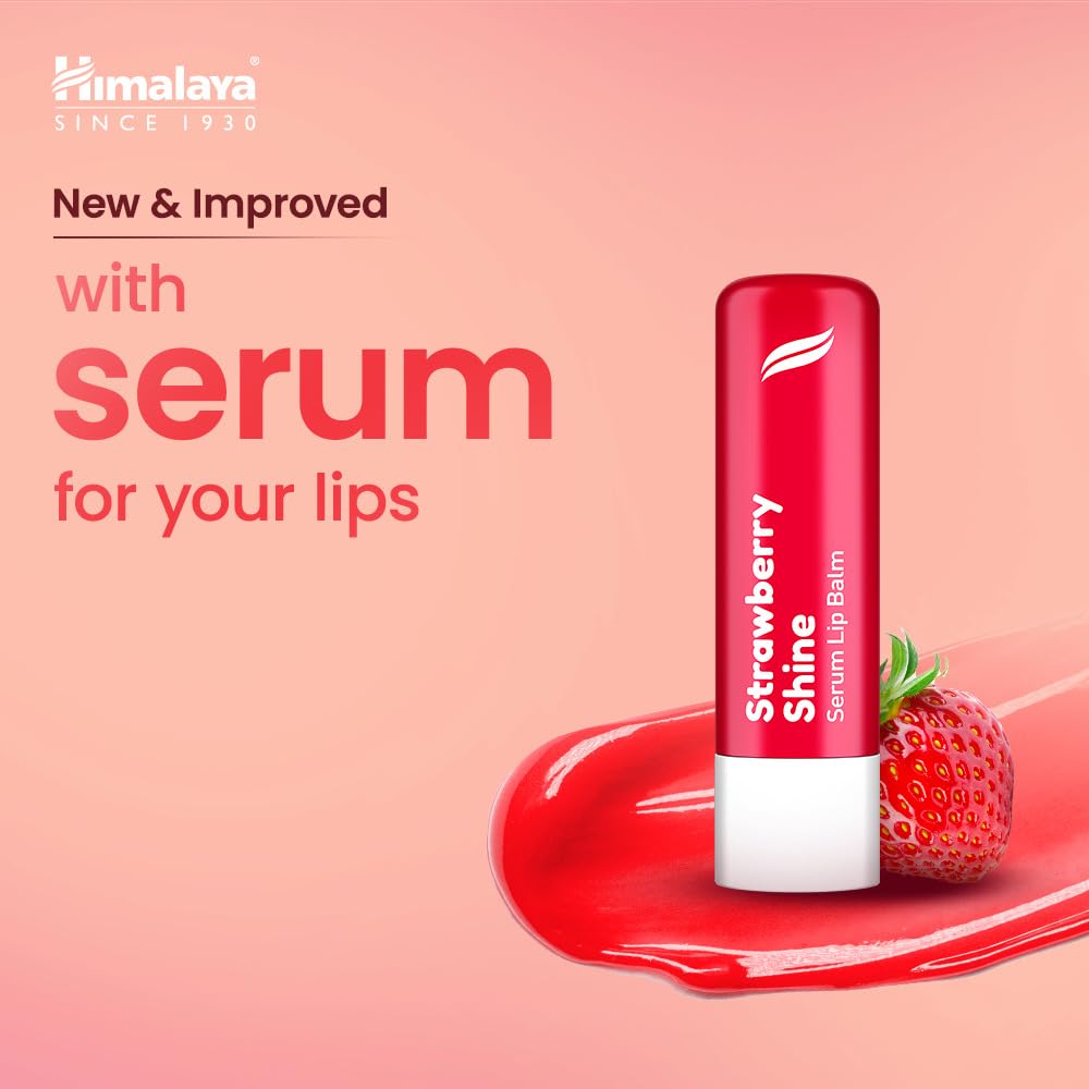 Strawberry Shine Serum Lip Balm by Himalaya on a pink background