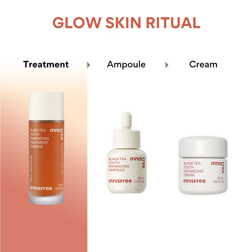 Innisfree skincare products including a treatment essence, ampoule, and cream on a gradient background.