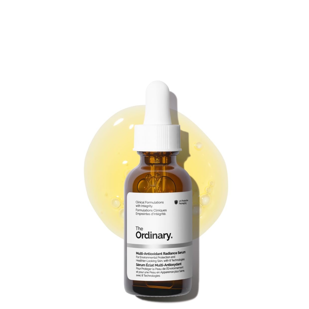 The Ordinary skincare serum bottle with dropper on a white background