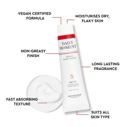 Daily Moment hand cream with features listed on a white background