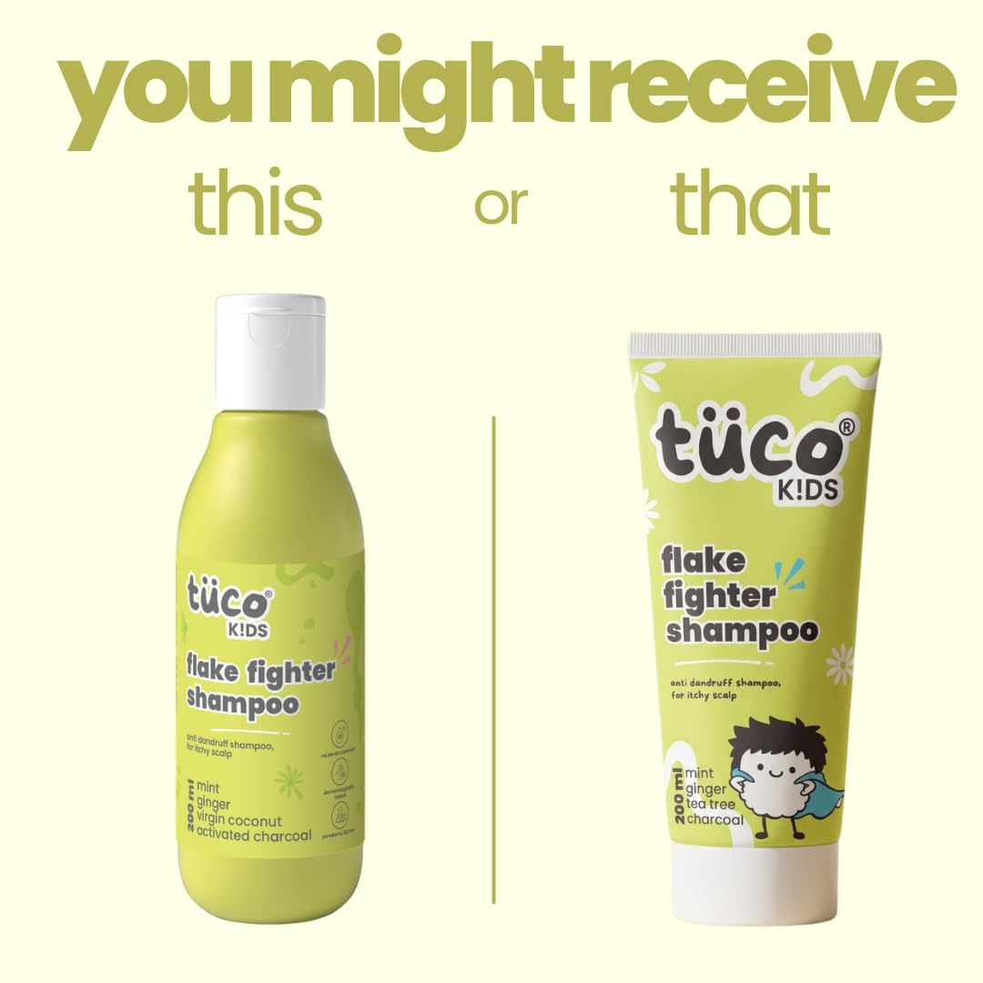 Tüsco Kids flake fighter shampoo bottle and tube on a light green background