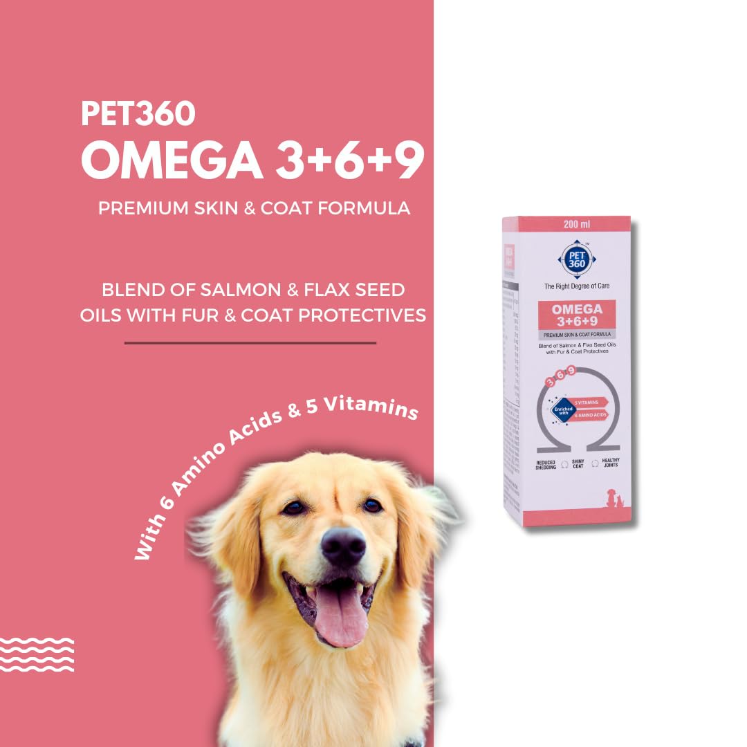 PET360 Omega 3+6+9 for Dogs | Blend of Salmon & Flax Seed Oils with Fur & Coat Protectives | Reduced Shedding | Shiny Coat | Healthy Joints | Nutritional Supplement for Pets - 200 ml