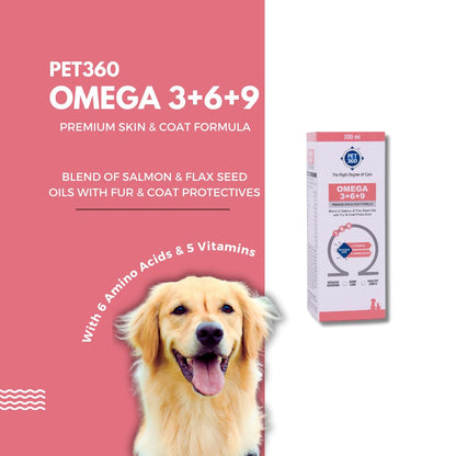 PET360 Omega 3+6+9 for Dogs | Blend of Salmon & Flax Seed Oils with Fur & Coat Protectives | Reduced Shedding | Shiny Coat | Healthy Joints | Nutritional Supplement for Pets - 200 ml
