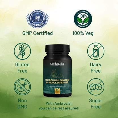 Supplement bottle with certification icons on a green background