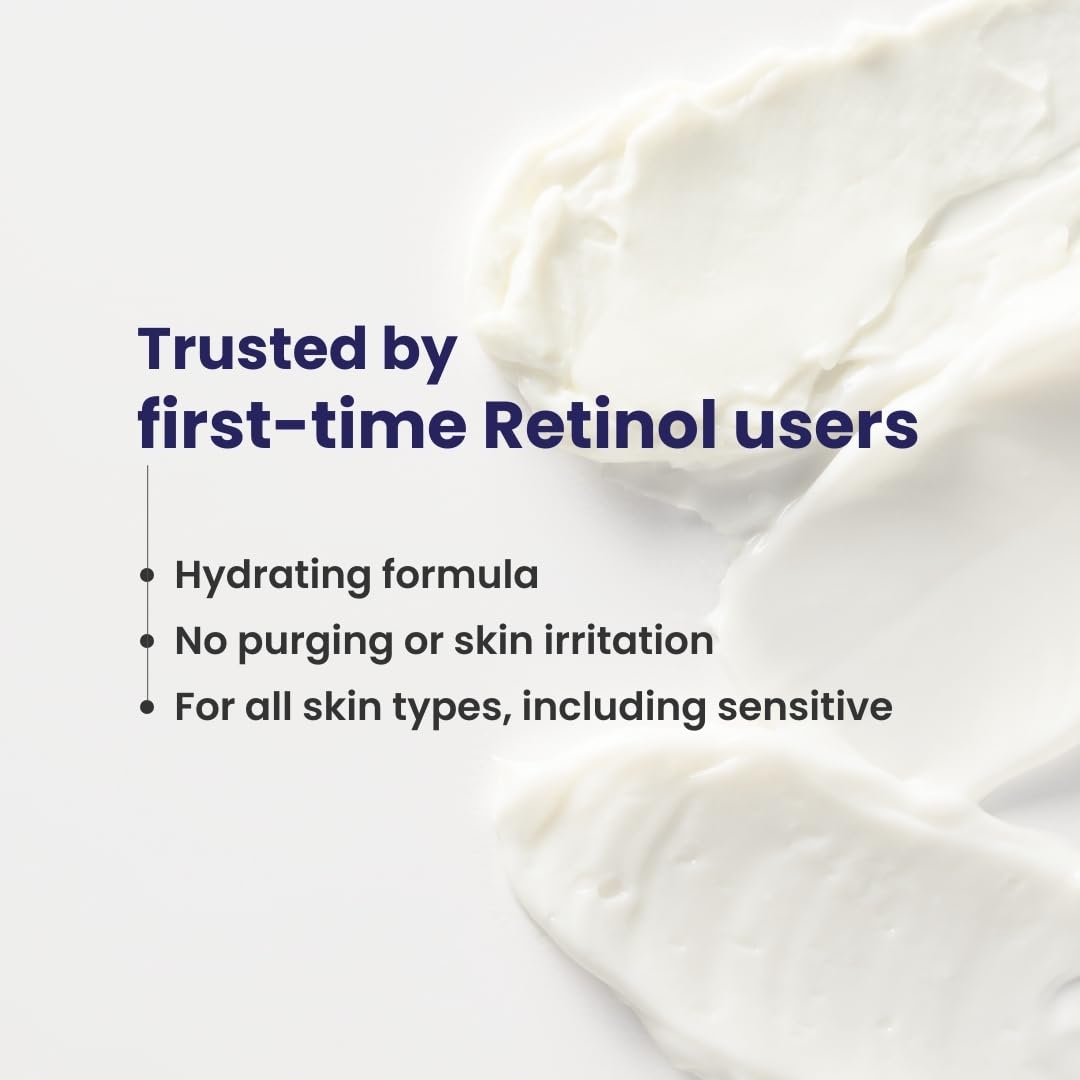 Skincare product with text highlighting benefits for first-time Retinol users