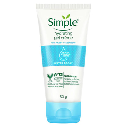 Tube of Simple hydrating gel crème on a white background
