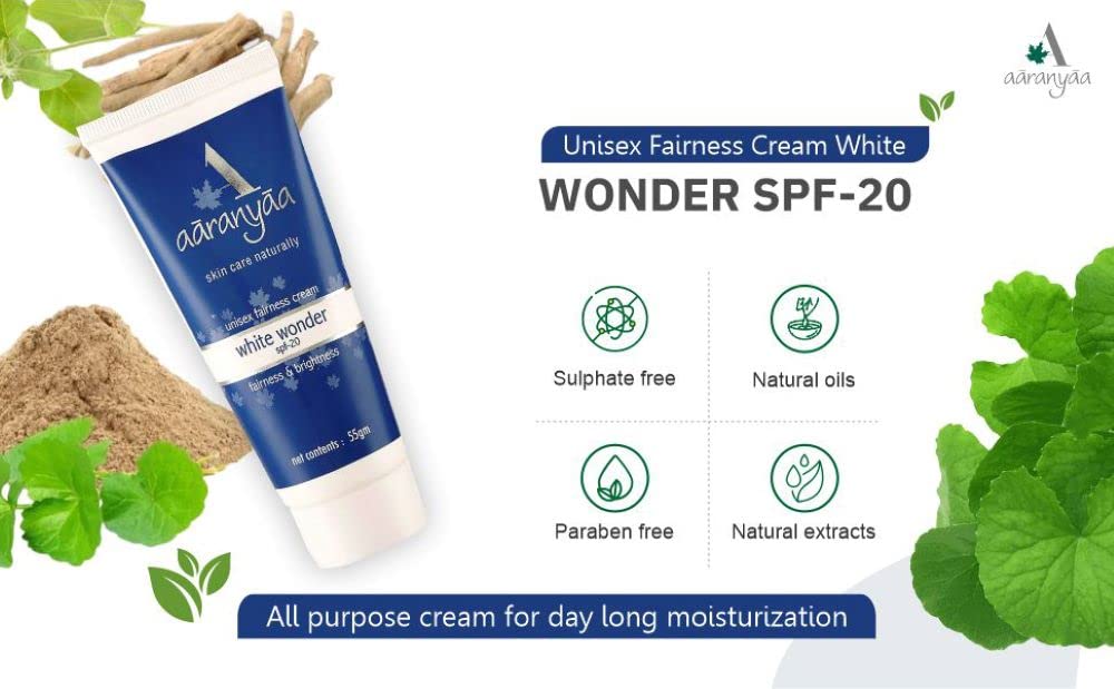 Aaranyaa Fairness Cream White Wonder SPF 20 (55gm) Face Cream with Hyaluronic Acid & Vitamin C to Hydrate, Moisturize & Brighten Skin | For Sun Protection - Paraben Free