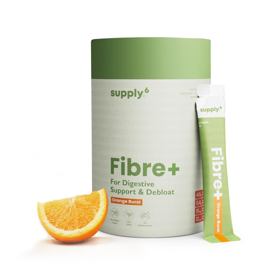 Supply6 Fibre+ Digestive Support & Debloat Health Powder | Prebiotic & Soluble Fiber Supplement, Gut Health & Bloating Relief | No Added Sugar, Non-GMO Sachets (Orange Burst, 15 Servings)