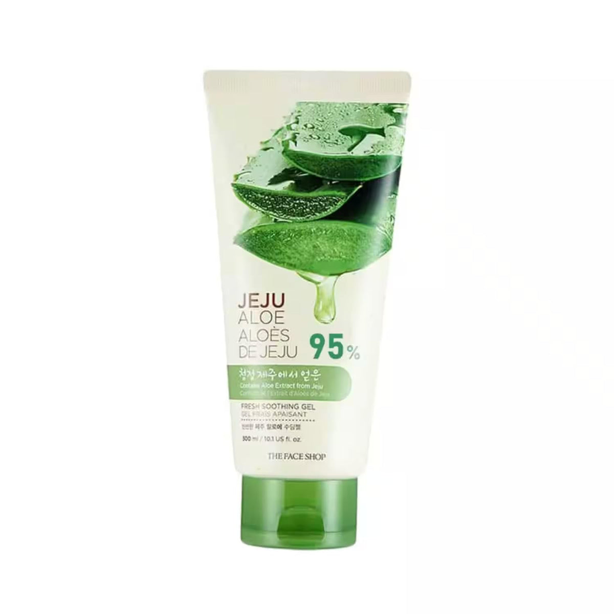 Tube of Jeju Aloe vera gel with aloe leaves on a white background