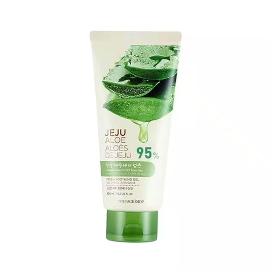 Tube of Jeju Aloe vera gel with aloe leaves on a white background